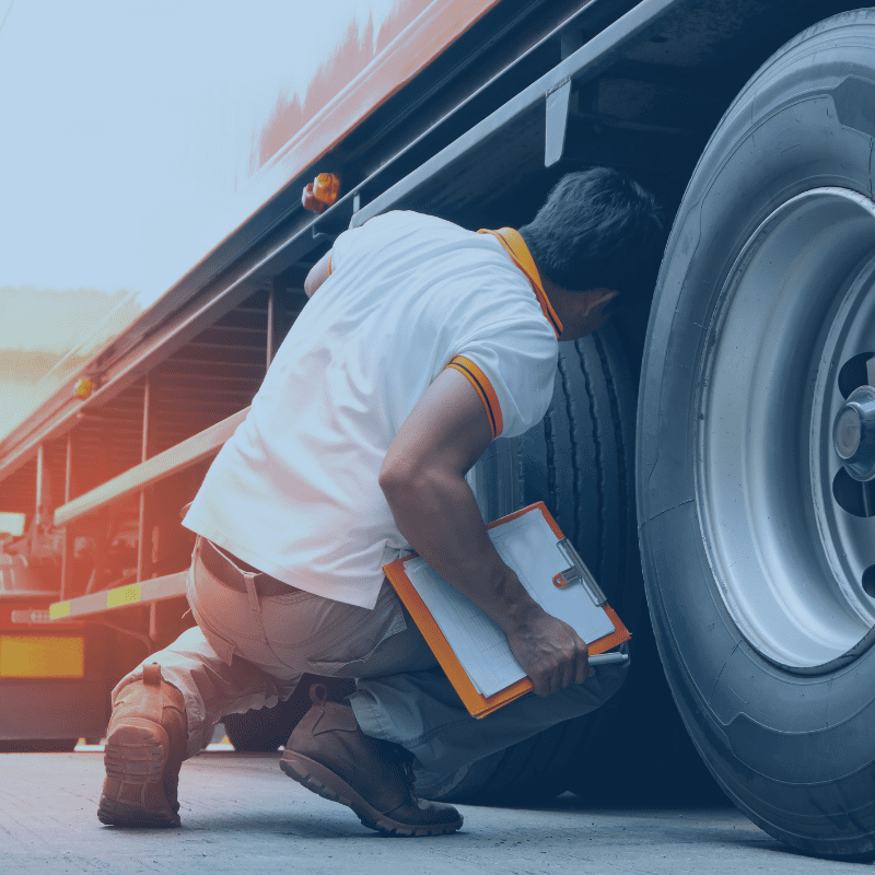 Man kneeling down and examining the wheel of a large good vehicle