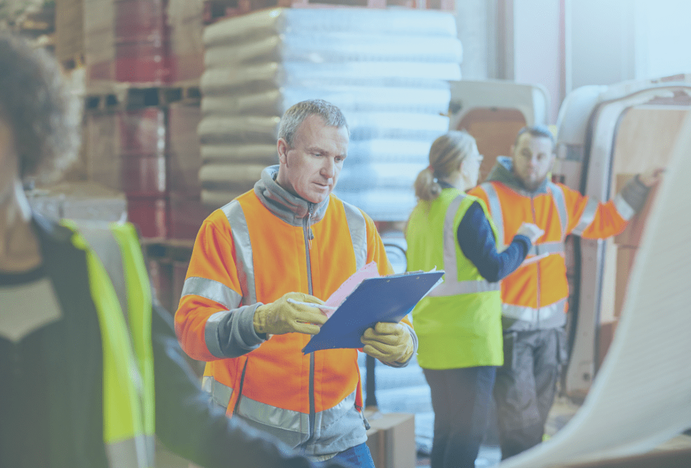 A male operations manager in a warehouse setting with a hi-vis orange jacket looking at a clip board with other staff in the background