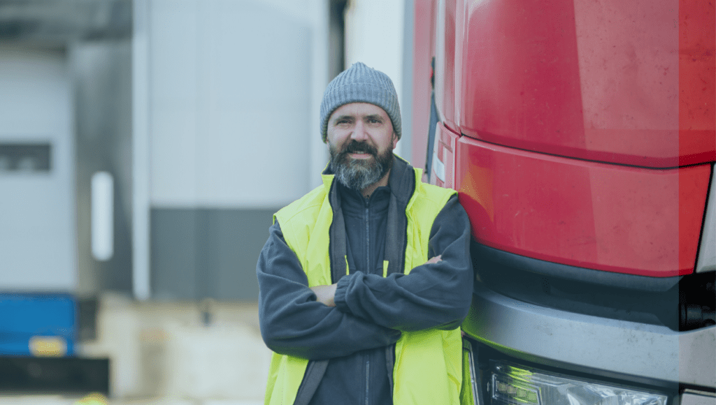 A middle aged man in a hi-vis jacket leaning against a cab of a red HGV lorry