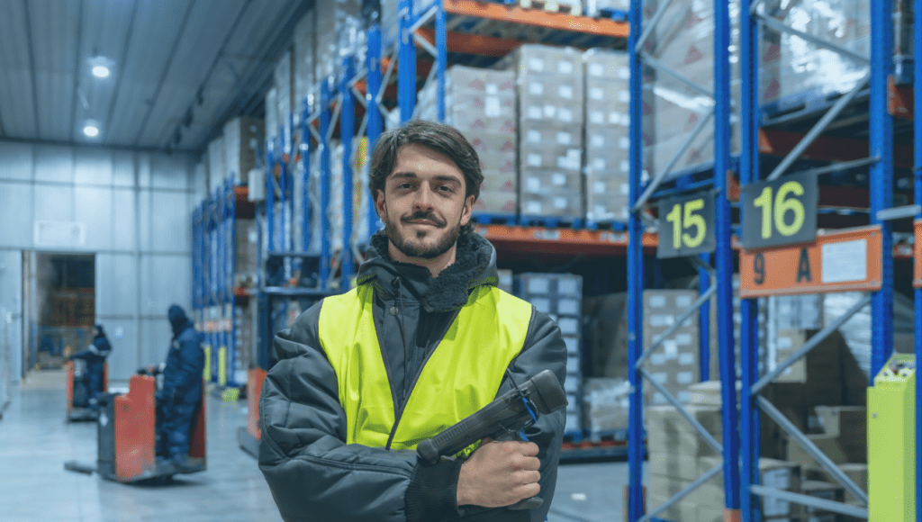 A young man in hi-vis yellow jacket in a warehouse smiling at the camera