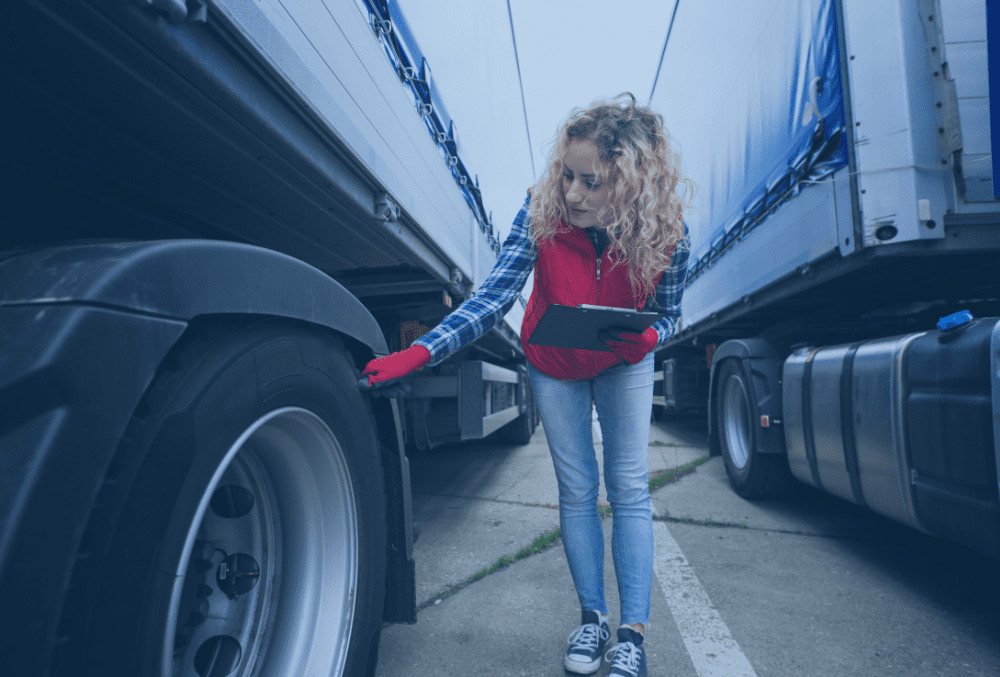 Young woman traffic operator checking the tyres of a large goods vehicle
