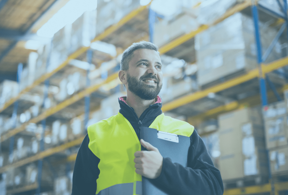 A smiling warehouse manager inside a warehouse holding a clipboard