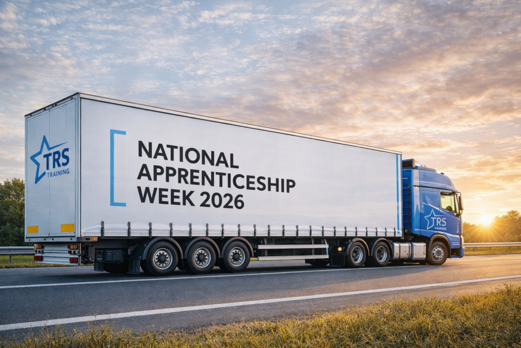 A large goods vehicle on a road with the national apprenticeship week 2026 logo on the side and the TRS logo on the back