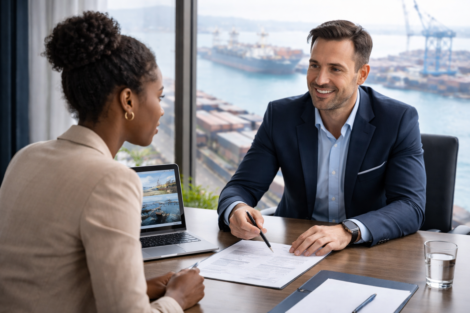 Smiling smartly dressed man sits across the desk from a woman and they are both looking at a CV on the table, with maritime industry scenes outside the window