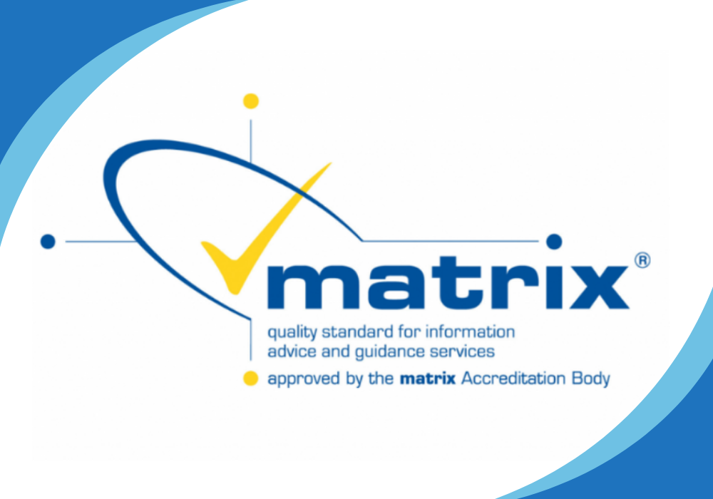 Matrix Standard accreditation logo in blue and yellow on a white background, featuring blue “matrix” text with a yellow checkmark swoosh.