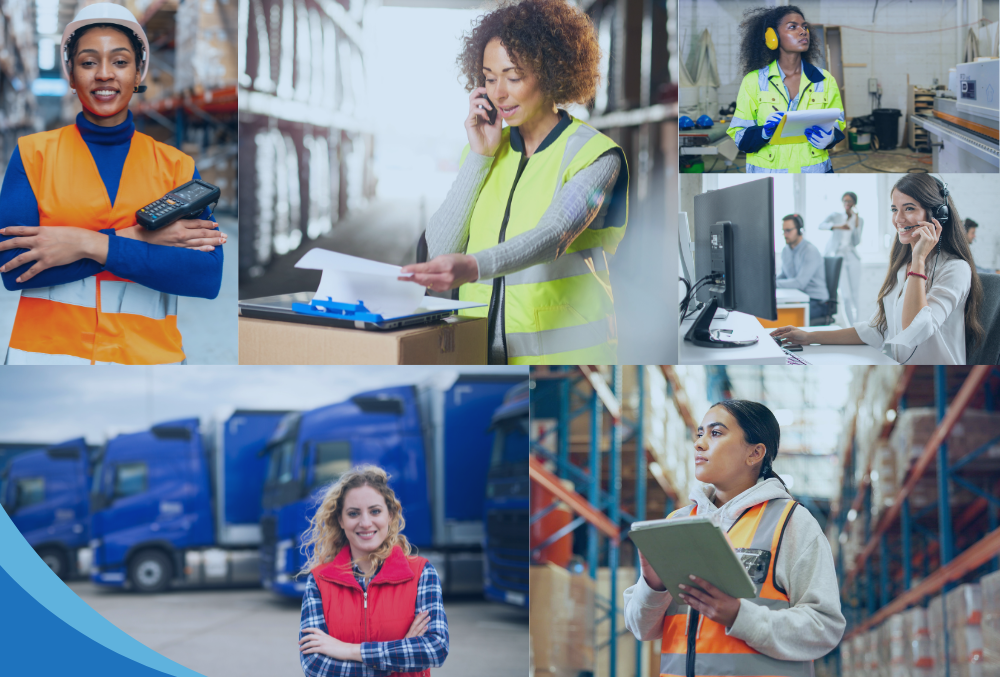 A collage of women working in logistics, warehouse, office, and transport roles, including HGV drivers and desk-based professionals.