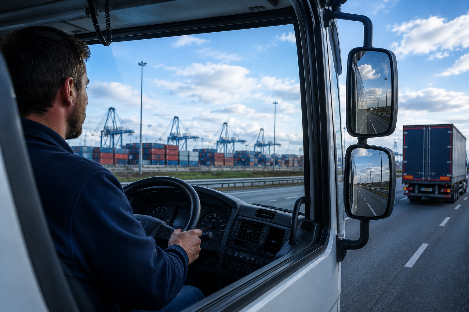 Side view of a lorry driver driving along a road with a view of the docks
