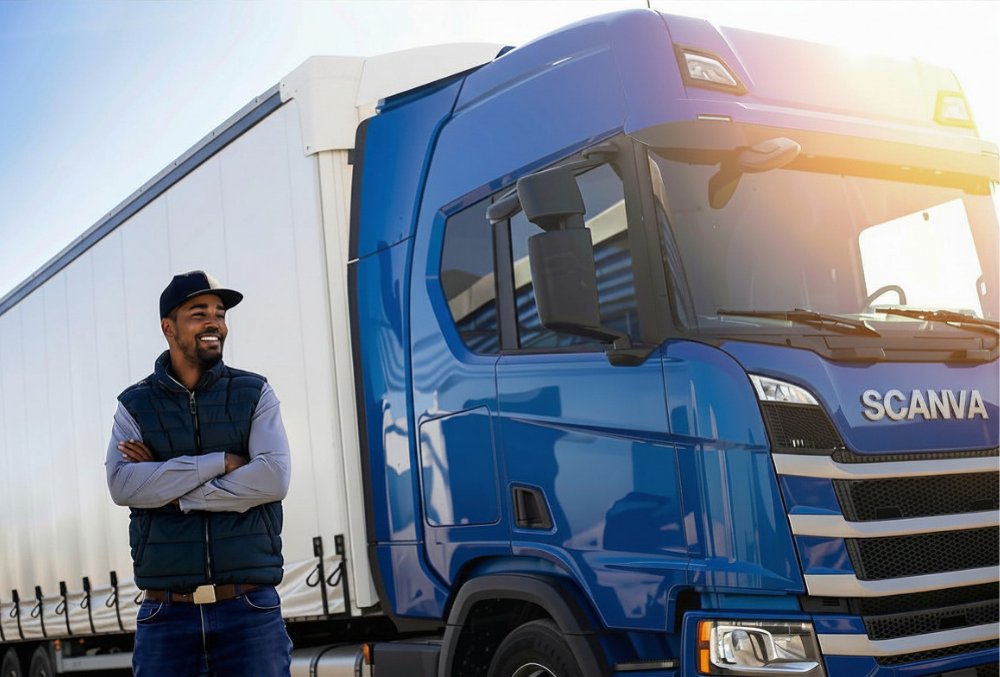 A man standing next to a blue HGV lorry after beginning their HGV driver training with TRS Training.