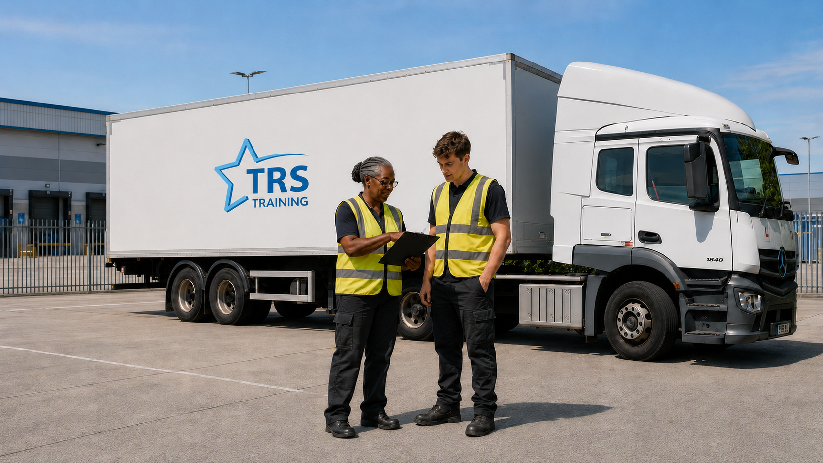 Female HGV instructor shows younger male trainee something on a clipboard, as they stand in front of an HGV truck with TRS logo