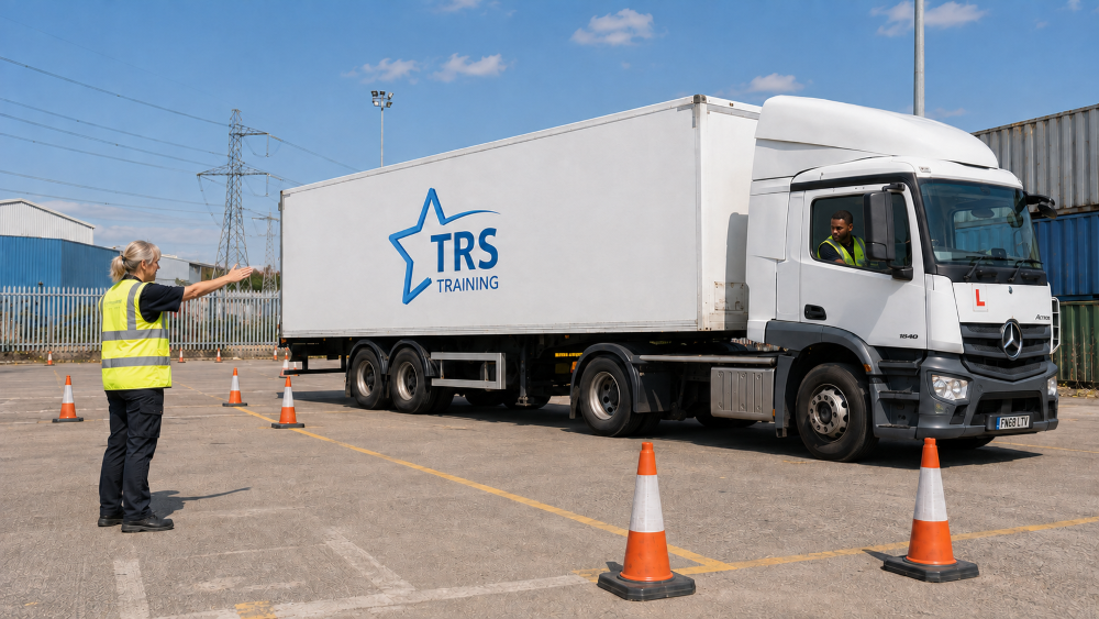 HGV driving instructor stands in yard directing an HGV learner driver sitting in a truck