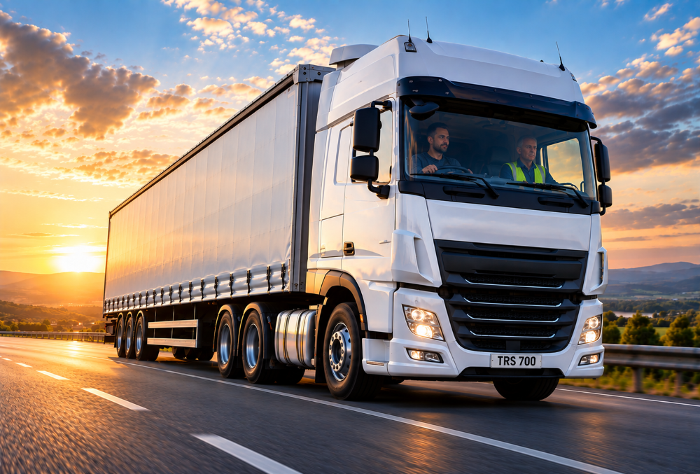 Large HGV vehicle with a man driving it down a road with another man sat next to him